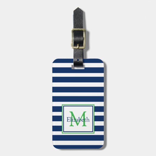 Nautische Marine Blauw en Groene Streep Monogram Bagagelabel (Voorkant verticaal)