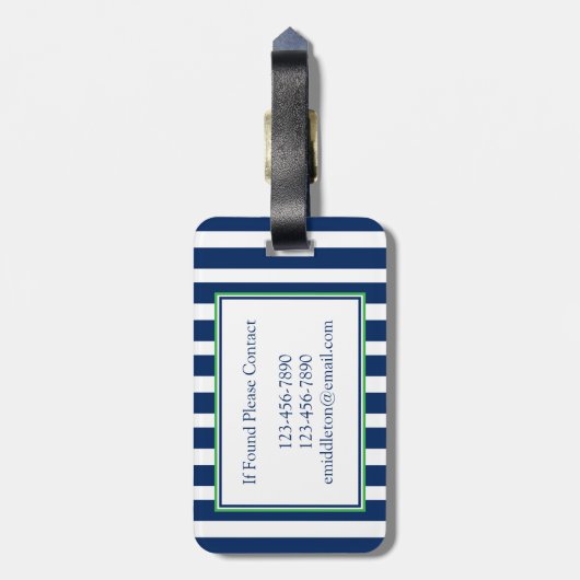 Nautische Marine Blauw en Groene Streep Monogram Bagagelabel (Achterkant verticaal)