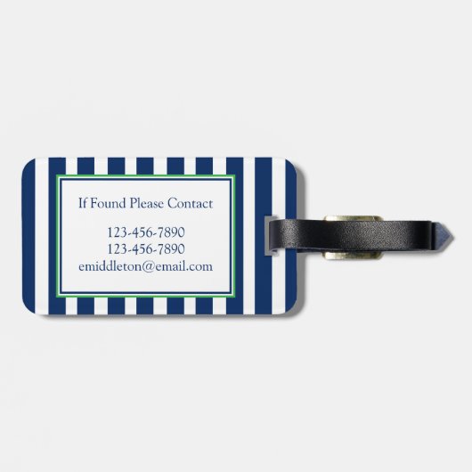 Nautische Marine Blauw en Groene Streep Monogram Bagagelabel (Achterkant horizontaal)