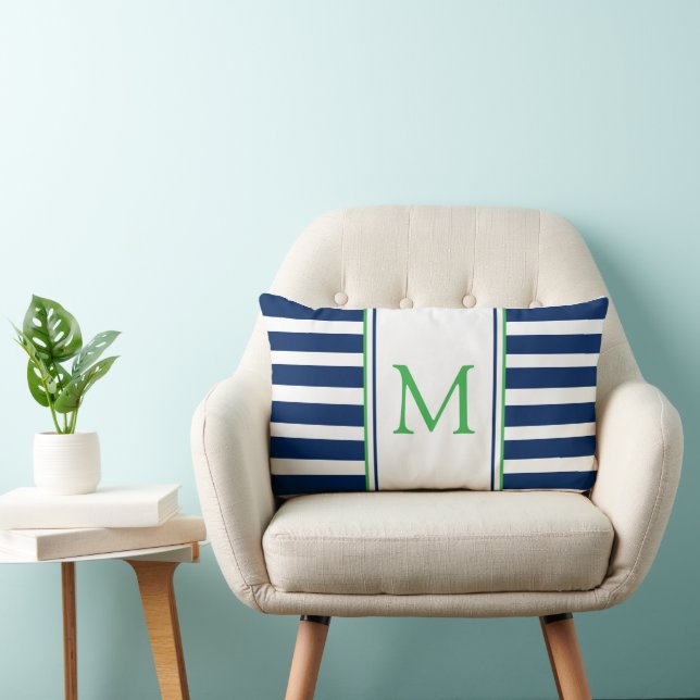Nautische Marine Blauw en Groene Streep Monogram Kussen (Stoel)