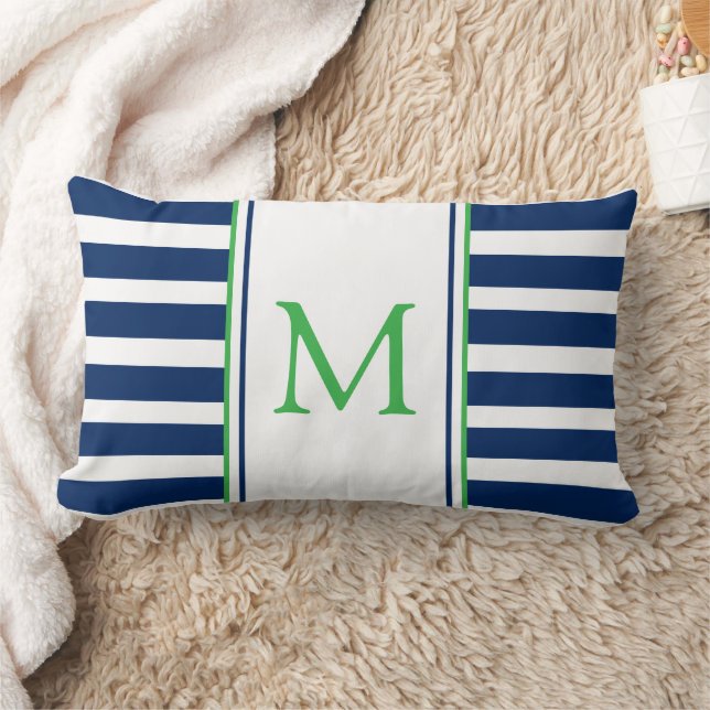 Nautische Marine Blauw en Groene Streep Monogram Kussen (Deken)