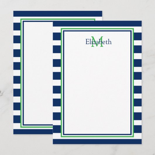 Nautische Marine Blauw en Groene Streep Monogram Notitiekaartje (Voorkant / Achterkant)