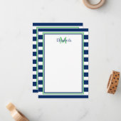 Nautische Marine Blauw en Groene Streep Monogram Notitiekaartje (Voorkant / Achterkant in situ)