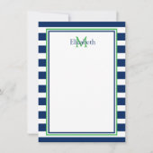 Nautische Marine Blauw en Groene Streep Monogram Notitiekaartje (Voorkant)