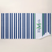 Nautische Marine Blauw en Groene Streep Monogram Strandlaken (Voorkant)