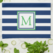 Nautische Marine Blauw en Groene Streep Monogram Theedoek (Gevouwen)