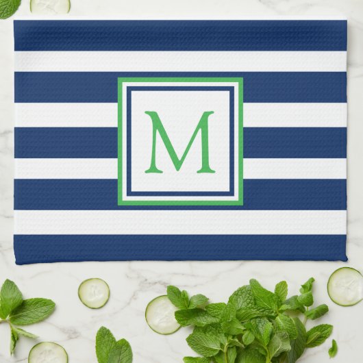 Nautische Marine Blauw en Groene Streep Monogram Theedoek (Gevouwen)