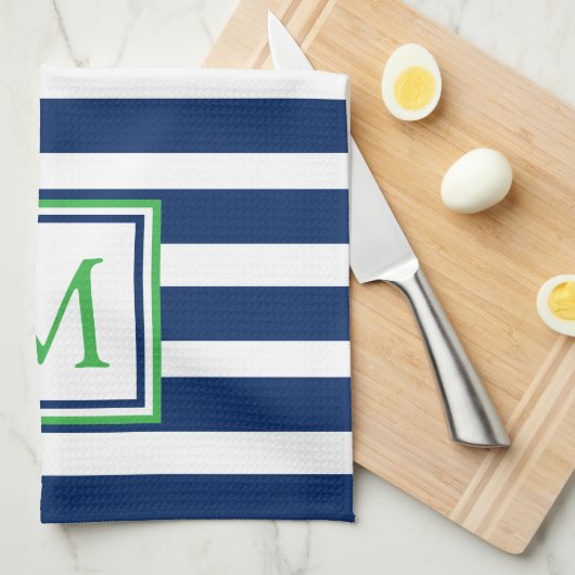 Nautische Marine Blauw en Groene Streep Monogram Theedoek (Quarter Fold)