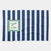 Nautische Marine Blauw en Groene Streep Monogram Theedoek (Horizontaal)