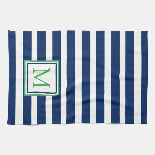 Nautische Marine Blauw en Groene Streep Monogram Theedoek (Horizontaal)