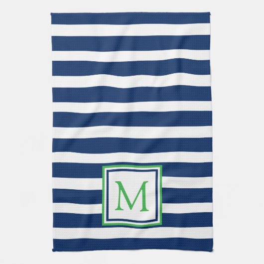 Nautische Marine Blauw en Groene Streep Monogram Theedoek (Verticaal)