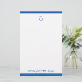 Nautische marine blauw en wit anker gepersonalisee briefpapier (Staand voorkant)