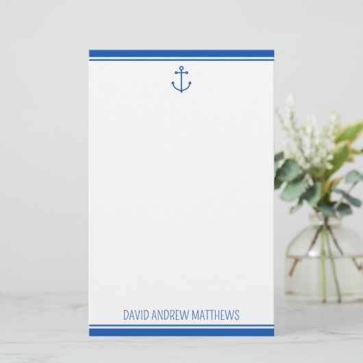 Nautische marine blauw en wit anker gepersonalisee briefpapier (Staand voorkant)