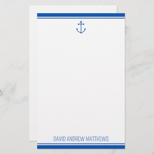 Nautische marine blauw en wit anker gepersonalisee briefpapier (Voorkant / Achterkant)