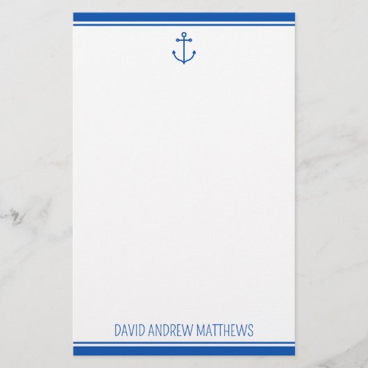 Nautische marine blauw en wit anker gepersonalisee briefpapier (Voorkant)