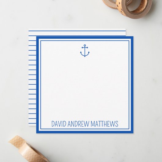 Nautische marine blauw en wit anker gepersonalisee notitiekaartje (Voorkant / Achterkant in situ)