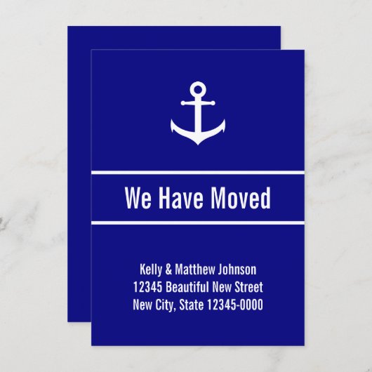 Nautische Marine Blauw en Wit Bewegende Aankondigi Aankondiging (Voorkant / Achterkant)