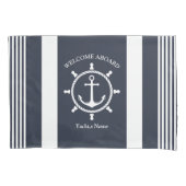 Nautische Marine blauw en wit gestreept met Anker Kussensloop (Voorkant-Links)