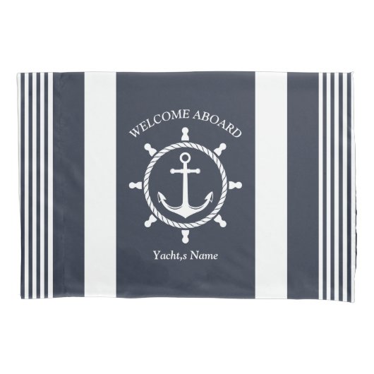 Nautische Marine blauw en wit gestreept met Anker Kussensloop (Voorkant-Links)