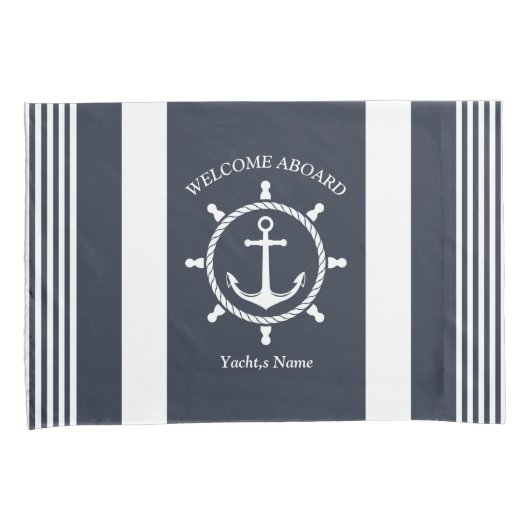 Nautische Marine blauw en wit gestreept met Anker Kussensloop (Voorkant-Rechts)