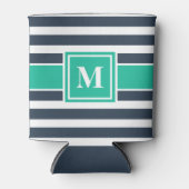 Nautische Marine Blauw en Wit Gestreept Monogram Blikjeskoeler (Voorkant)