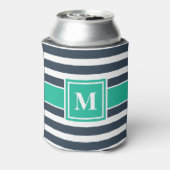 Nautische Marine Blauw en Wit Gestreept Monogram Blikjeskoeler (Blikje Achterkant)