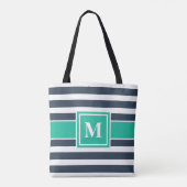 Nautische Marine Blauw en Wit Gestreept Monogram Tote Bag (Achterkant)