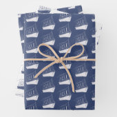 Nautische marine blauw en wit schip zeilboot inpakpapier vel (In situ)