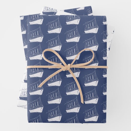 Nautische marine blauw en wit schip zeilboot inpakpapier vel (In situ)