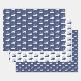 Nautische marine blauw en wit schip zeilboot inpakpapier vel