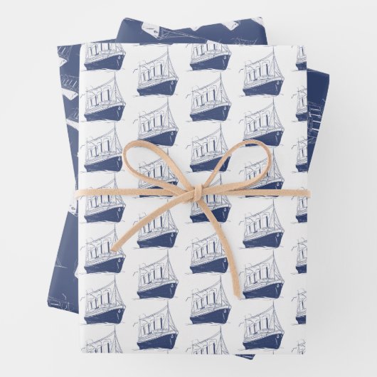 Nautische marine blauw en wit schip zeilboot inpakpapier vel (In situ)