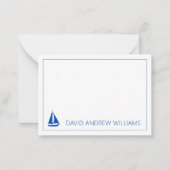 Nautische marine blauw en wit zeilboot gepersonali notitiekaartje (Voorkant)