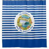 Nautische Marine Blauw Gestreepte Strandhut Zomer  Douchegordijn (Voorkant)