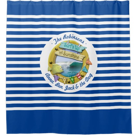 Nautische Marine Blauw Gestreepte Strandhut Zomer  Douchegordijn (Voorkant)