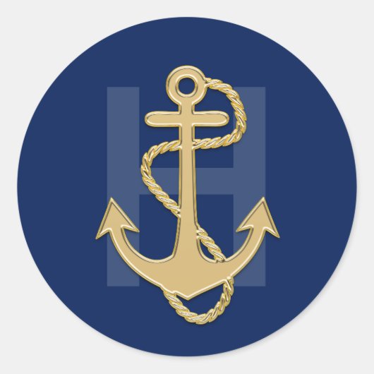 Nautische Marine Blauw Goud Anker MONOGRAM Bruilof Ronde Sticker (Voorkant)