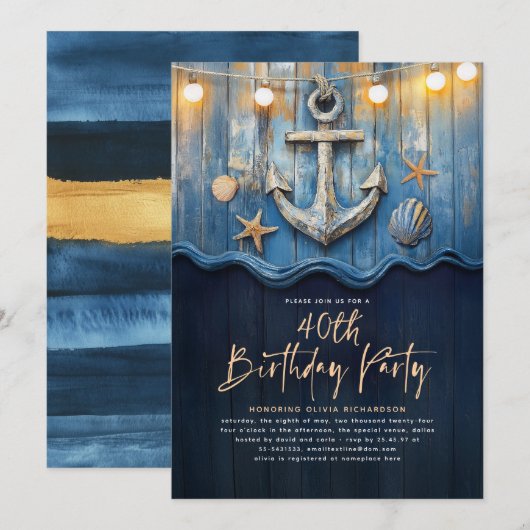 Nautische Marine Blauw & Goud Anker Verjaardagsfee Kaart (Voorkant / Achterkant)