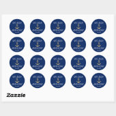 Nautische marine blauw goud anker wit bruiloft ronde sticker (Vel)