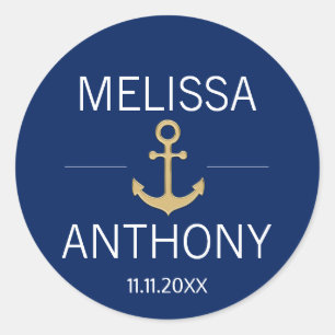 Nautische marine blauw goud anker wit bruiloft ronde sticker