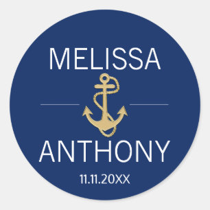 Nautische marine blauw goud anker wit bruiloft ronde sticker