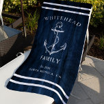 Nautische marine blauw hout aangepaste familie ank strandlaken<br><div class="desc">De nautische strandlaken heeft een bootanker in kuststijl en een streepjesontwerp. Personaliseer de aangepaste tekst met een familienaam   familie (of een andere titel) met het jaar en de locatie.</div>