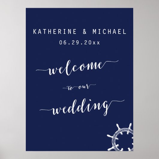 Nautische Marine Blauw Huwelijk Welkomstbord Poster (Voorkant)