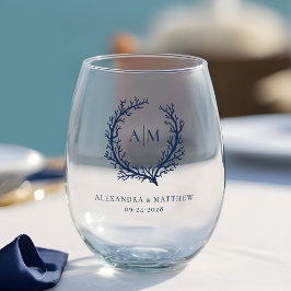 Nautische Marine Blauw Koraalrif Monogram Bruiloft Wijnglas Zonder Voet