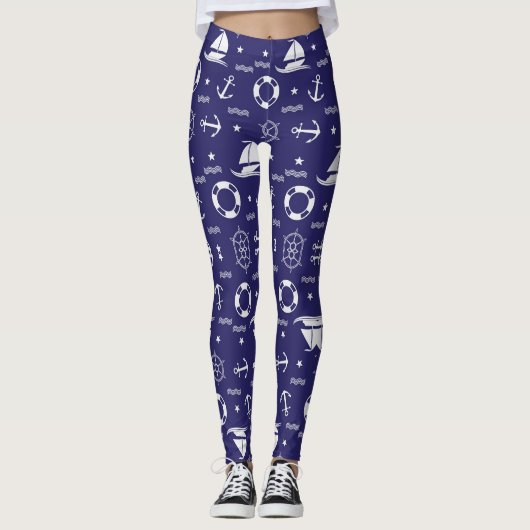 Nautische marine blauw naadloze patronen achtergro leggings (Voorkant)