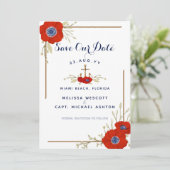 Nautische marine blauw & rood anemoon anker bruilo save the date (Staand voorkant)