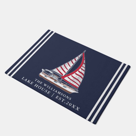 Nautische Marine Blauw Rood Wit Zeilboot Lake Hous Deurmat (Schuin)