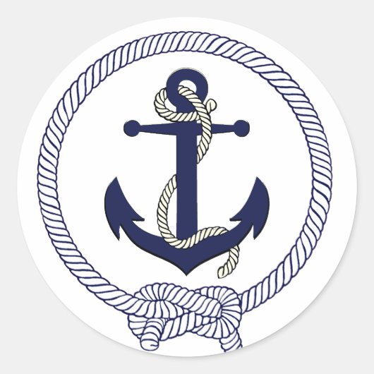 Nautische marine blauw silhouet anker touw ronde sticker (Voorkant)
