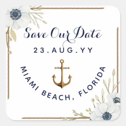 Nautische marine blauw & wit anemoon anker bruilof vierkante sticker (Voorkant)