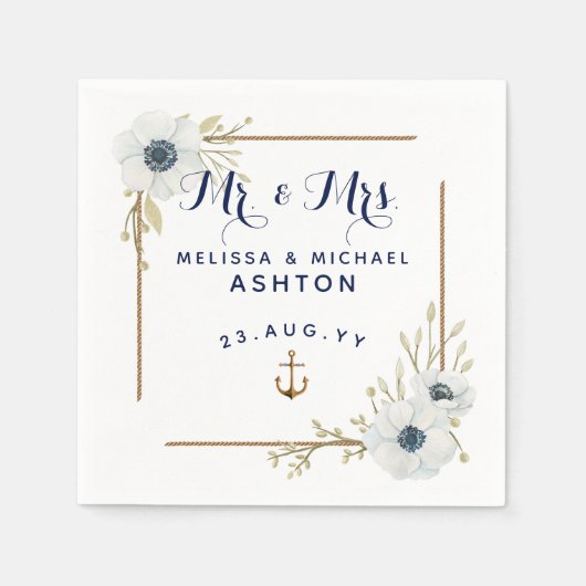 Nautische marine blauw & wit anemoon gedateerd bru servet (Voorkant)