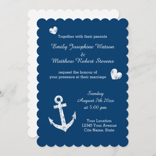 Nautische marine blauw wit anker bruiloft uitnodig kaart (Voorkant / Achterkant)