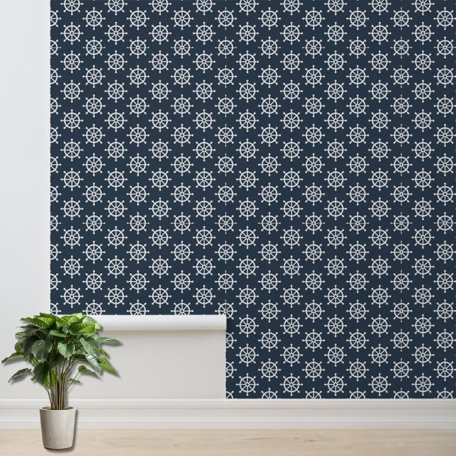 Nautische Marine Blauw Wit Boot Wiel Patroon Accen Behang (Creator heeft geüpload)